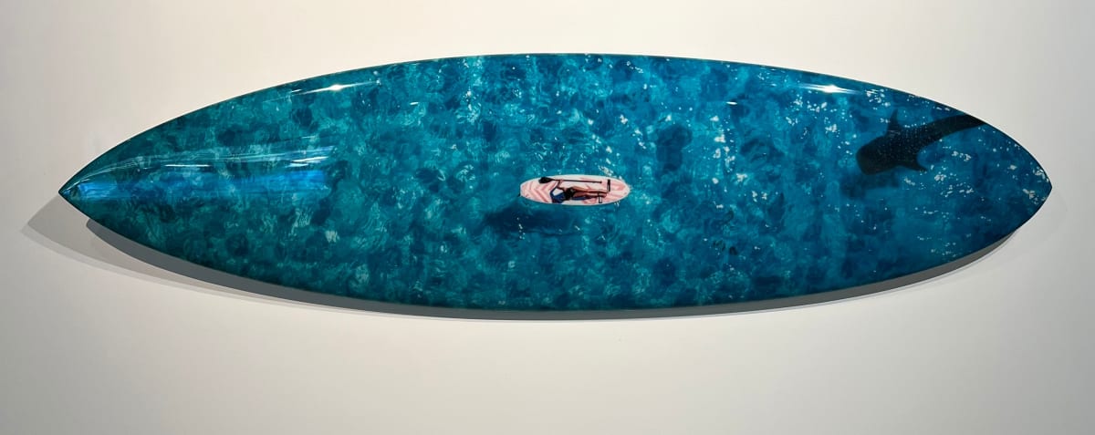 View from the sky : PLANCHE Daddy Board (6,7’’) "Sitting on a paddle & shark", 2023