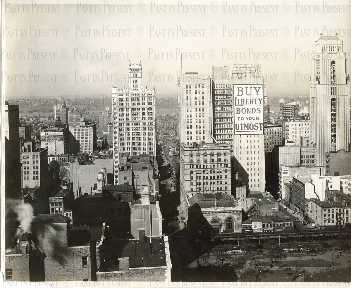 “WWI Victory in Sight - Buy Liberty Bonds To Your Utmost” Skyline Majesty Over Bryant Park, Manhattan, c.1910s