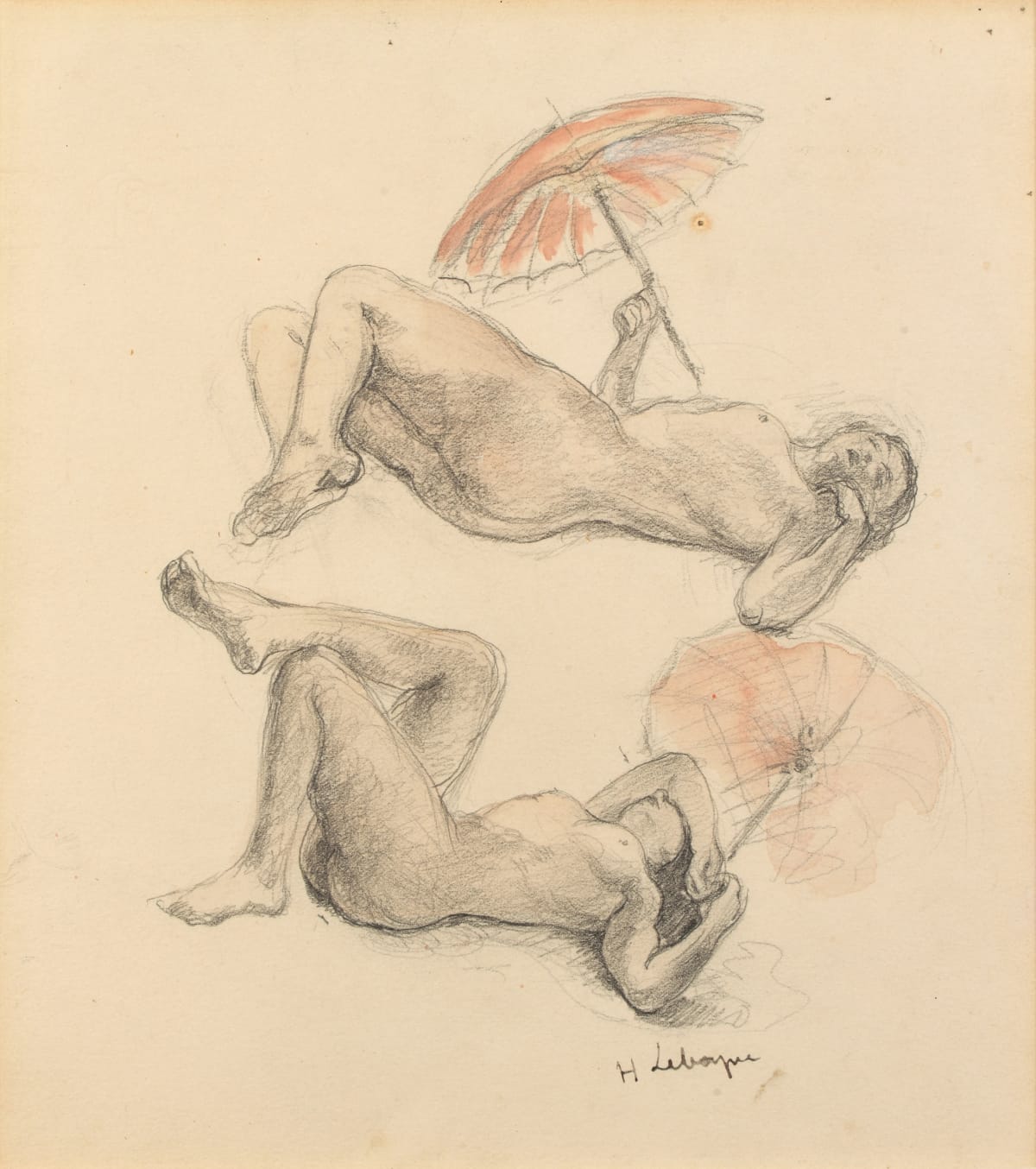 Reclining female nudes with an umbrella