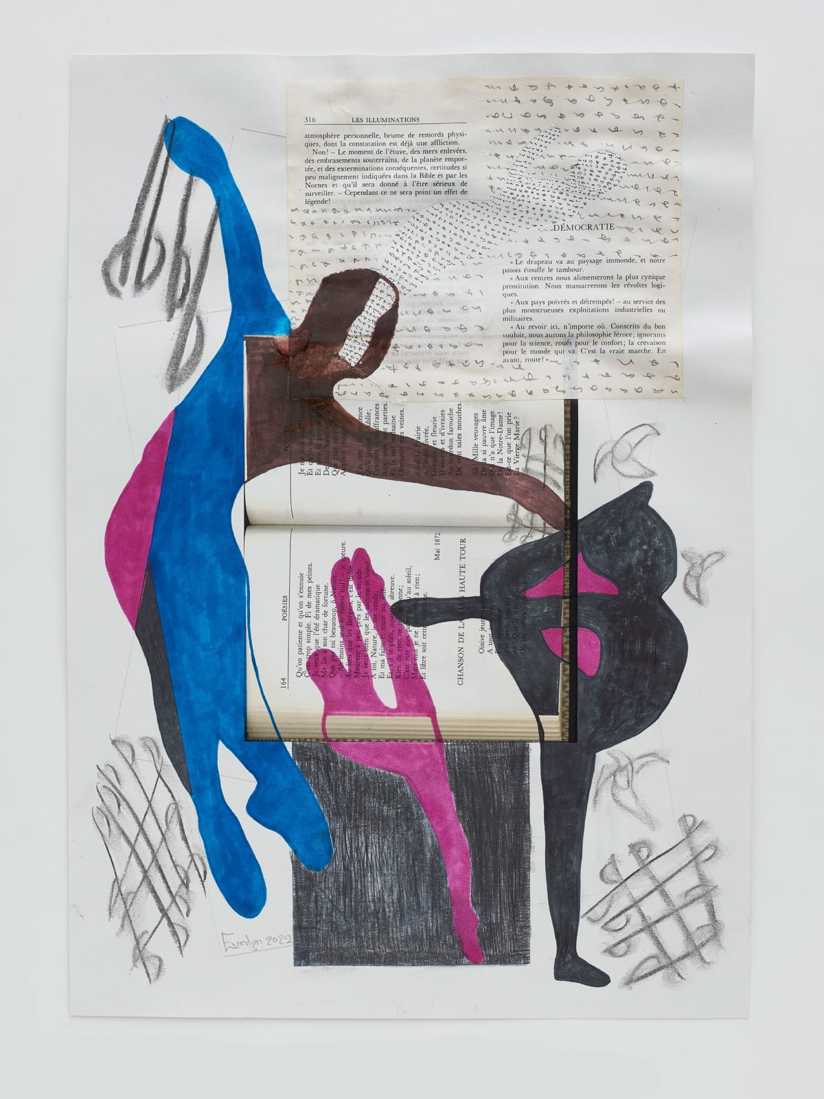 Everlyn NICODEMUS Untitled No 100 (Baudelaire and Rimbaud), 2022 Felt pen, charcoal, graphite and collage on Xerox 45 x 32 cm
