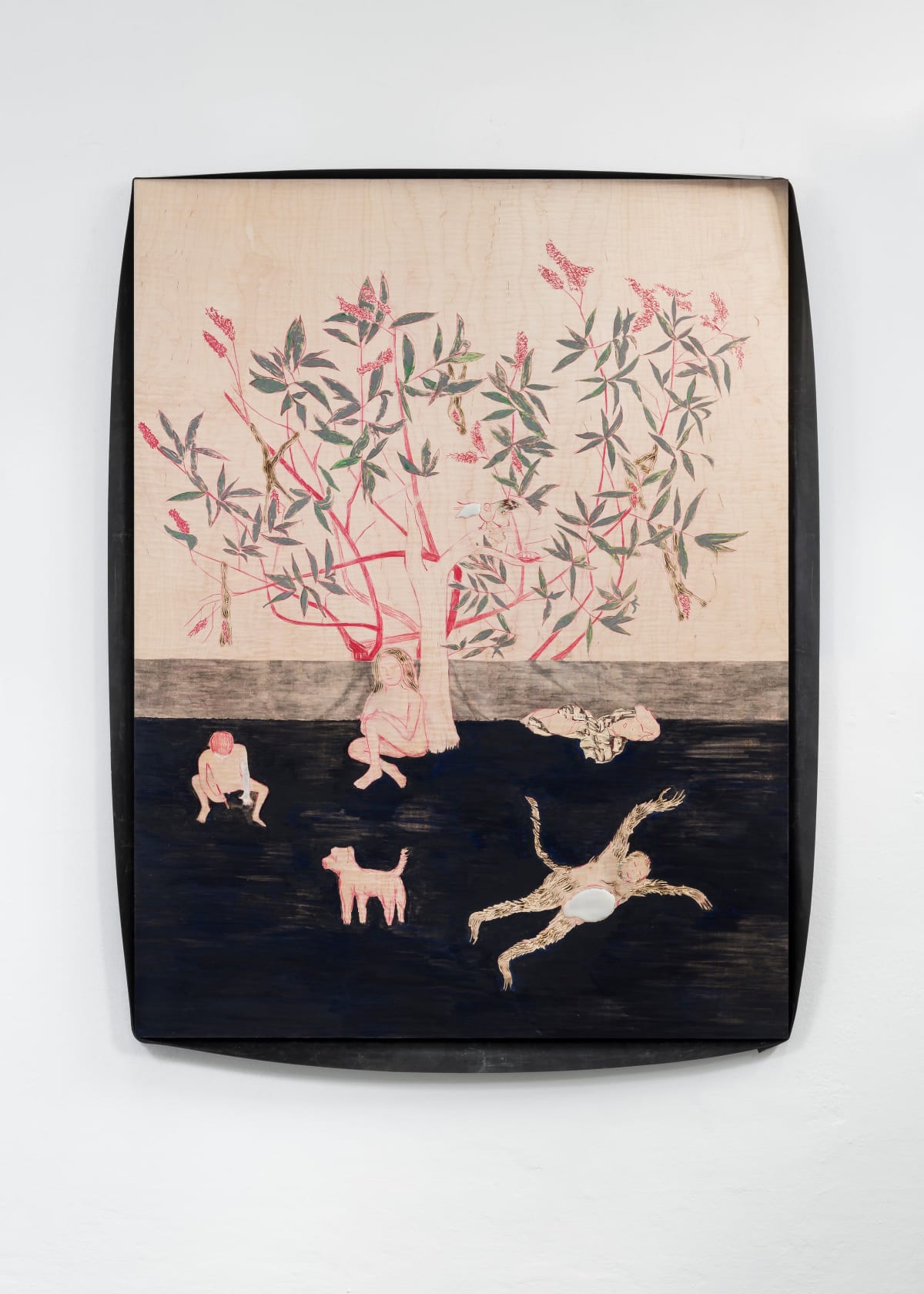 Gaia FUGAZZA Buddleia- Hostages and fruits, 2019 Quilted maple plywood, beeswax, mineral pigments 143 x 110 cm