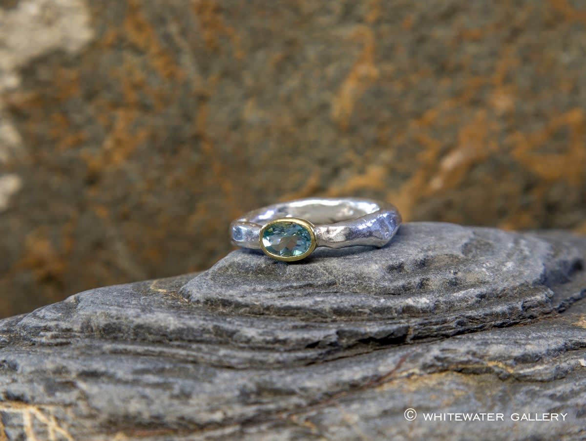 Marsha Drew Rockpool Rustic Ring with Oval Aquamarine set in 18k Gold setting Whitewater Contemporary