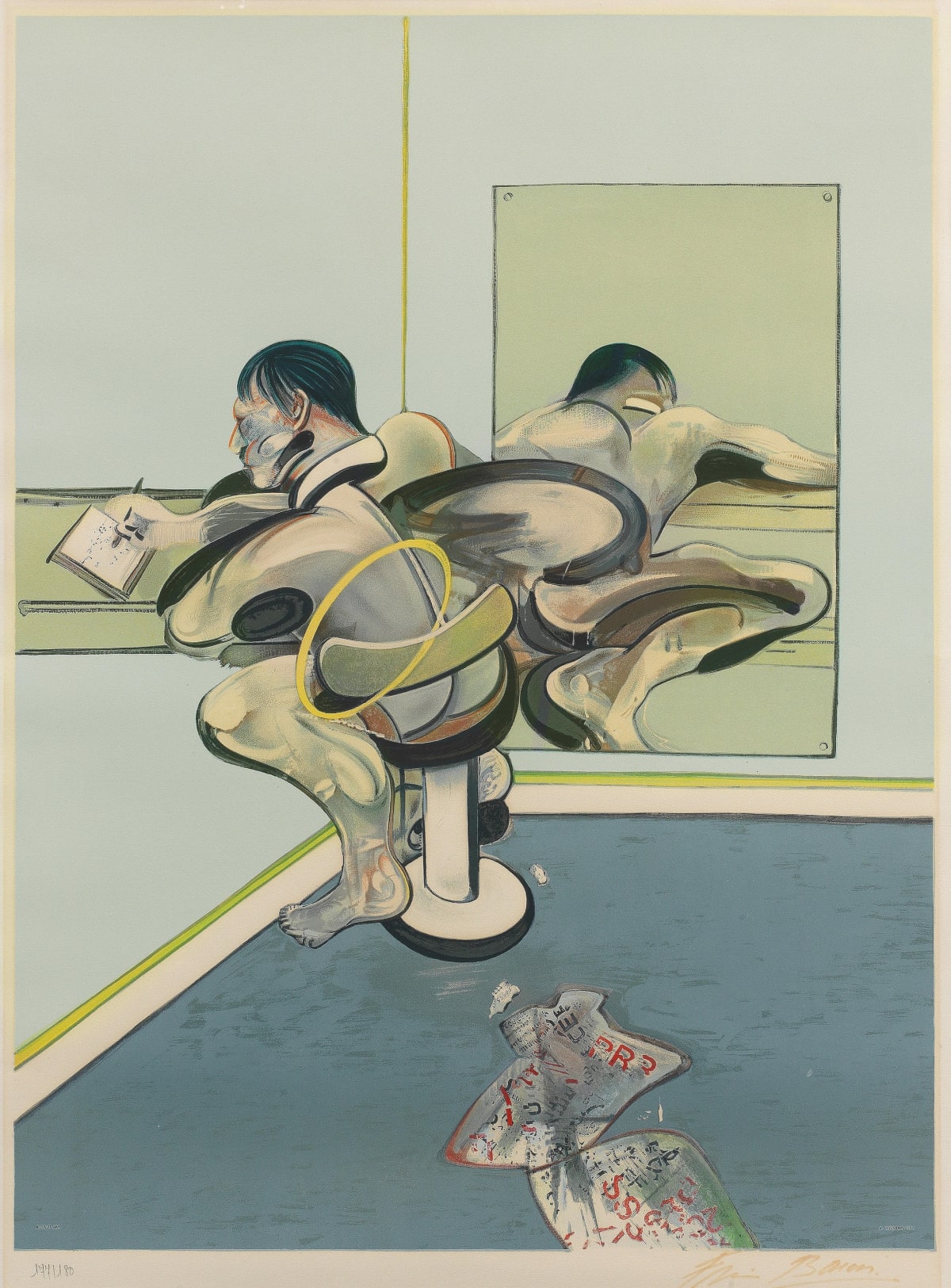 Francis Bacon Figure Writing Refleced in the Mirror For Sale