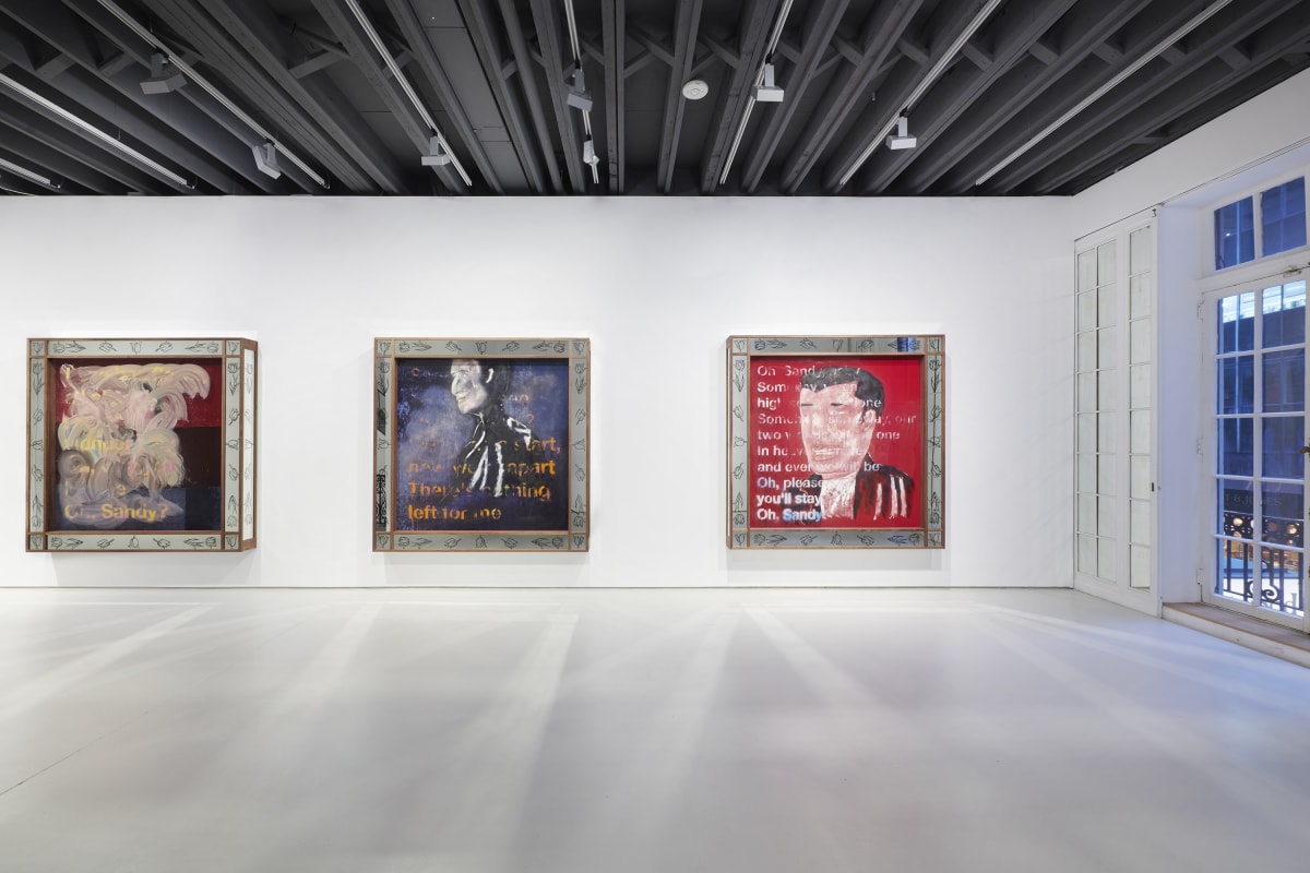 Installation view of the 2023 exhibition “Alvaro Barrington” with view of white floors, walls, artworks and ceiling.