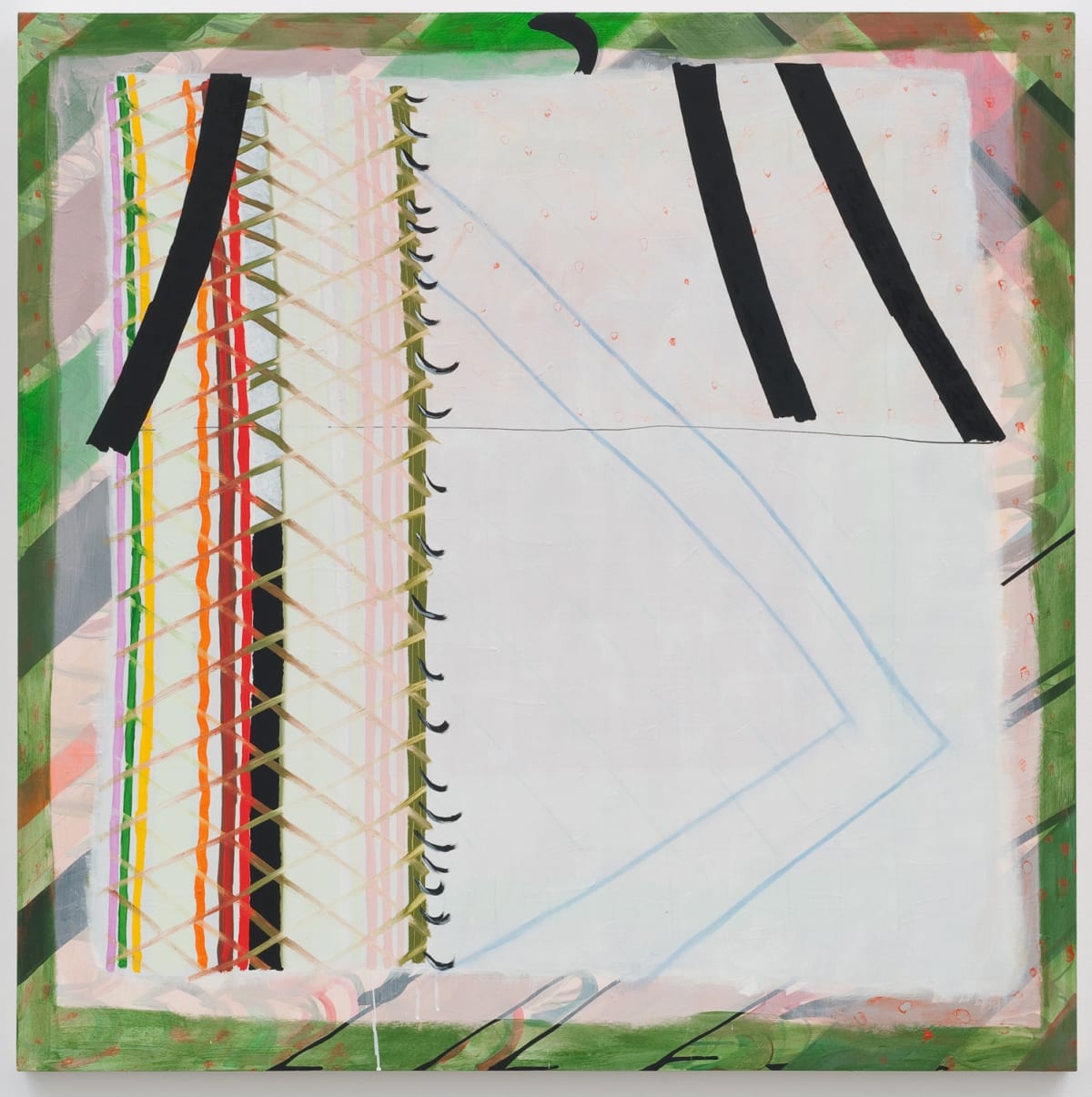Abstract linear painting, multi-colored vertical lines in foreground on white square, diagonal lines in background