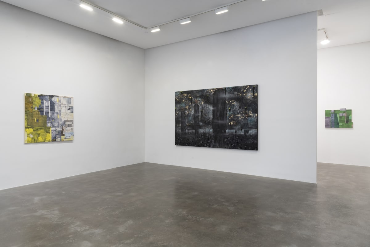 Installation view of large, dark landscape painting with two smaller quilt-like assemblages on wall