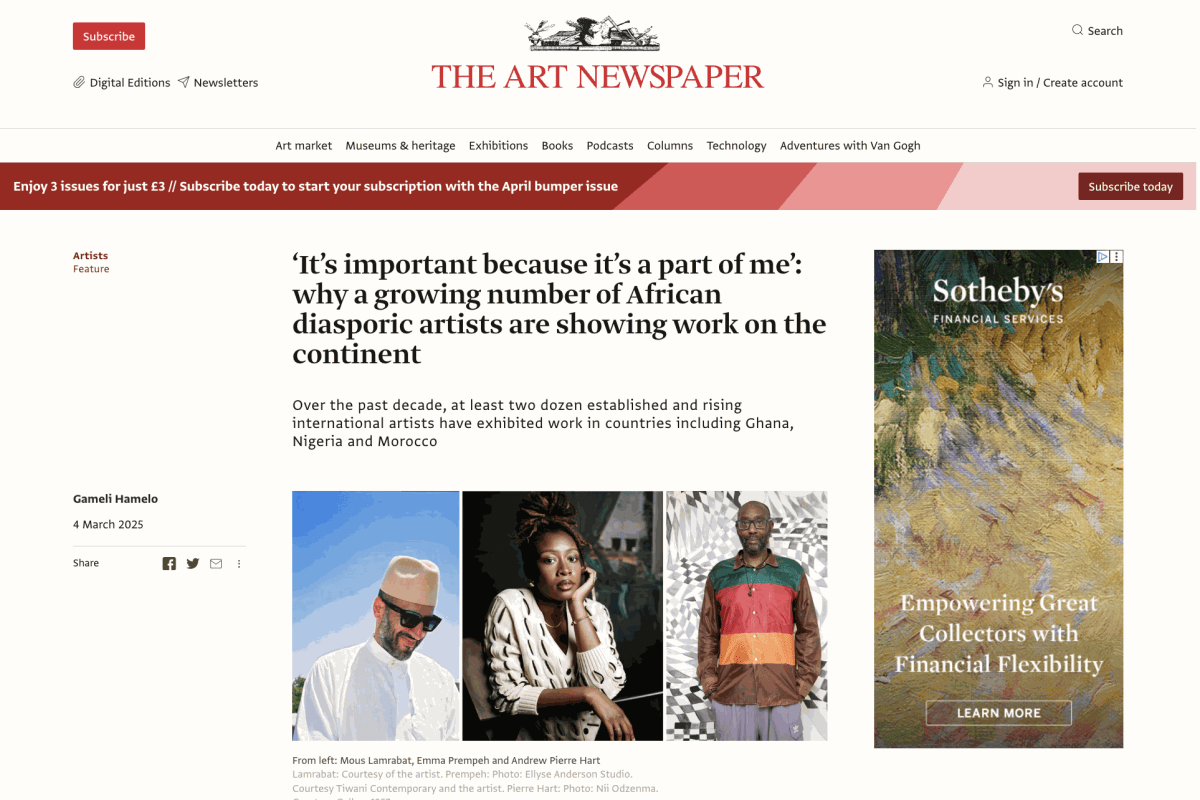 Gallery 1957 Featured in The Art Newspaper: Celebrating the Rise of African Diasporic Artists Exhibiting on the Continent