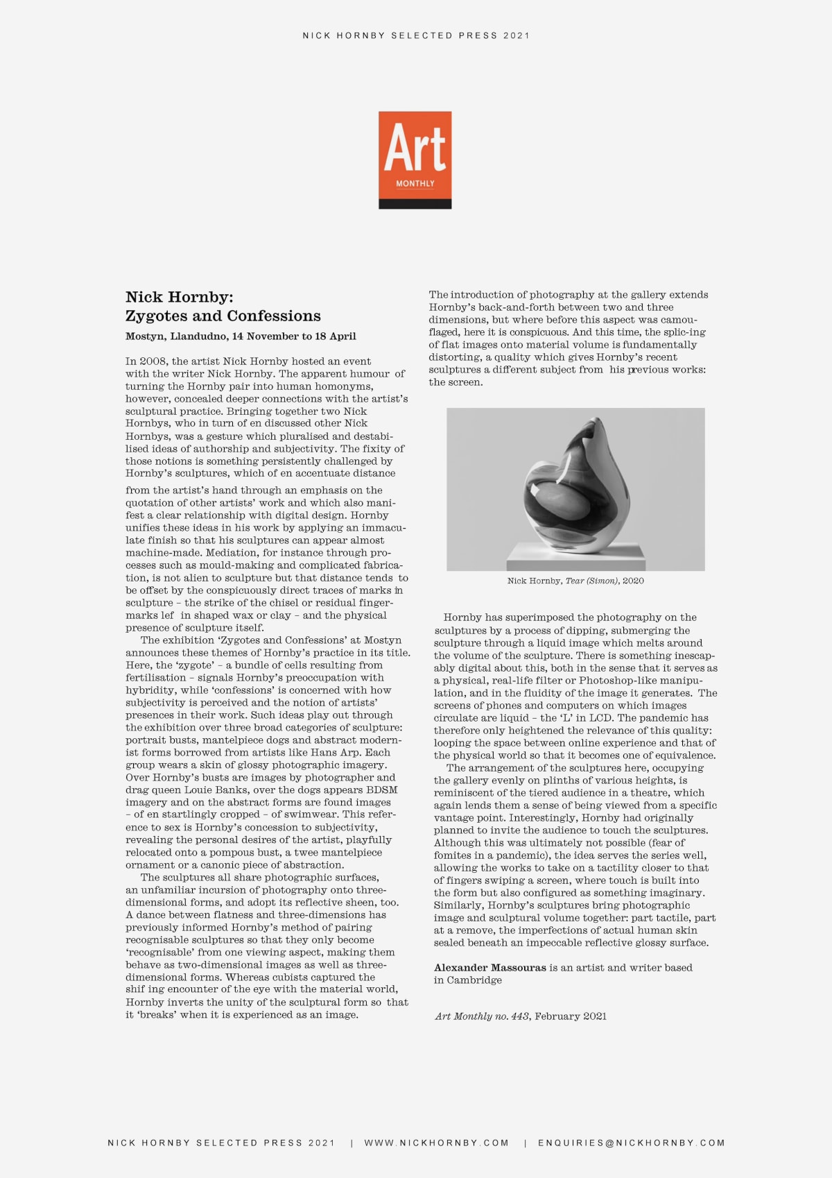 Nick Hornby: Zygotes and Confessions, Alexander Massouras, Art Monthly Feb 2021