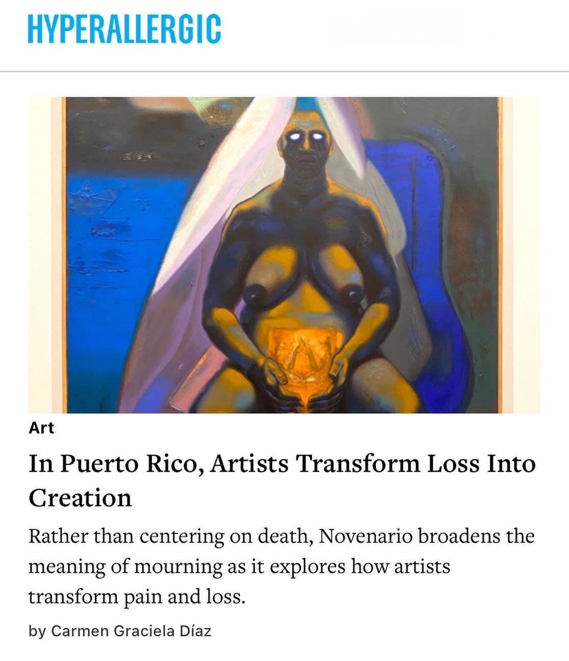 front page of article on Hyperallergic, featuring a blue painting and yellow figure
