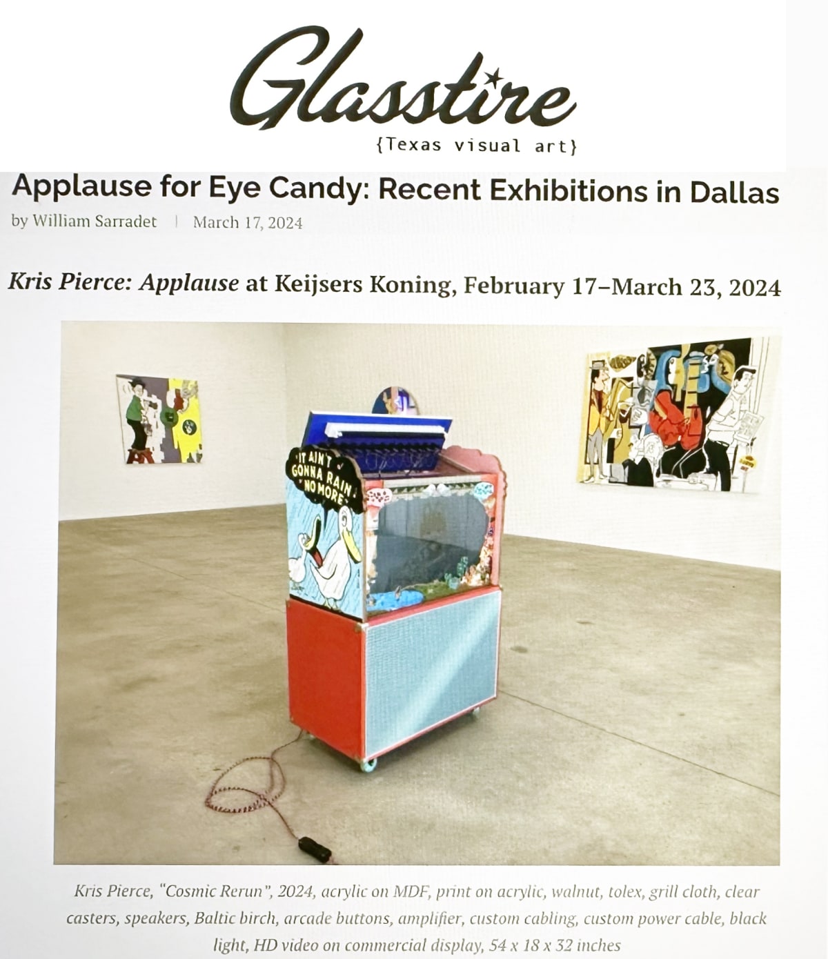 Applause reviewed in Glasstire, William Sarradet reviews Kris Pierce's solo exhibition at Keijsers Koning