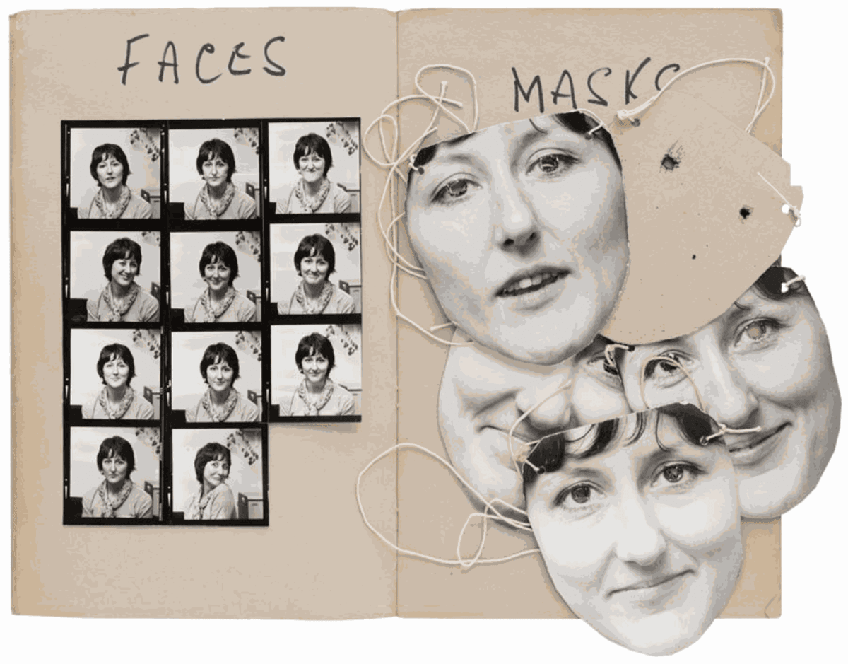 Jo Spence Faces Group (Lyn), 1975-1977. Workbook with gelatin silver prints and masks. Ryerson Image Centre, Jo Spence Memorial Archive