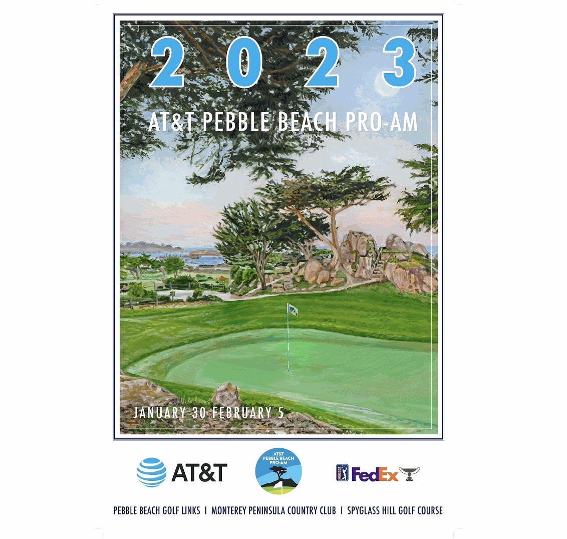 Official poster for the 2023 AT&T Pebble Beach ProAm featuring the Shore Course 10th Green at Monterey Peninsula Country Club
