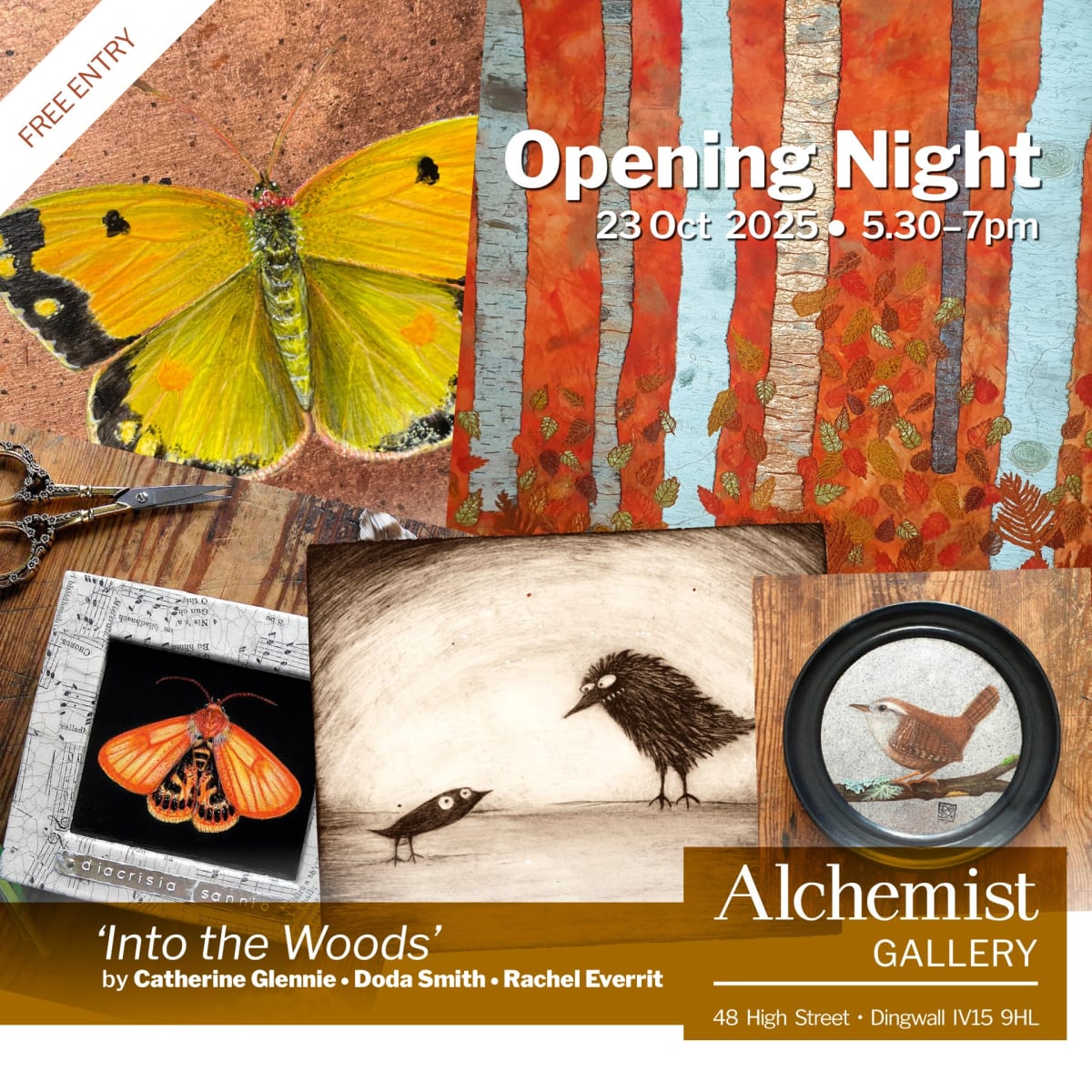 exhibition opening night artist Doda Smith catherine glennie rachel everitt scottish highland mixed media textiles art oddities woodland
