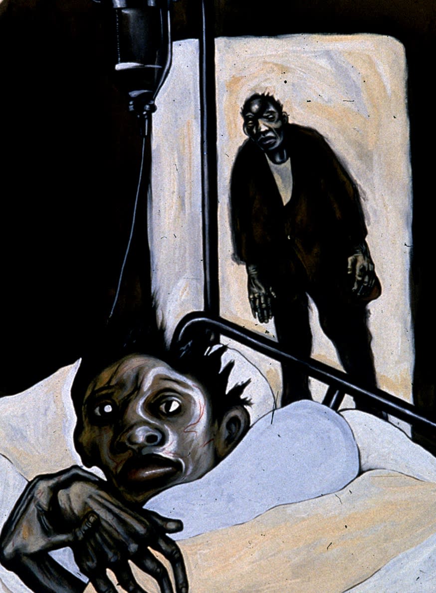 Drawing by Sue Coe showing a scared-looking man in a hospital bed as a visitor looks on from the doorway