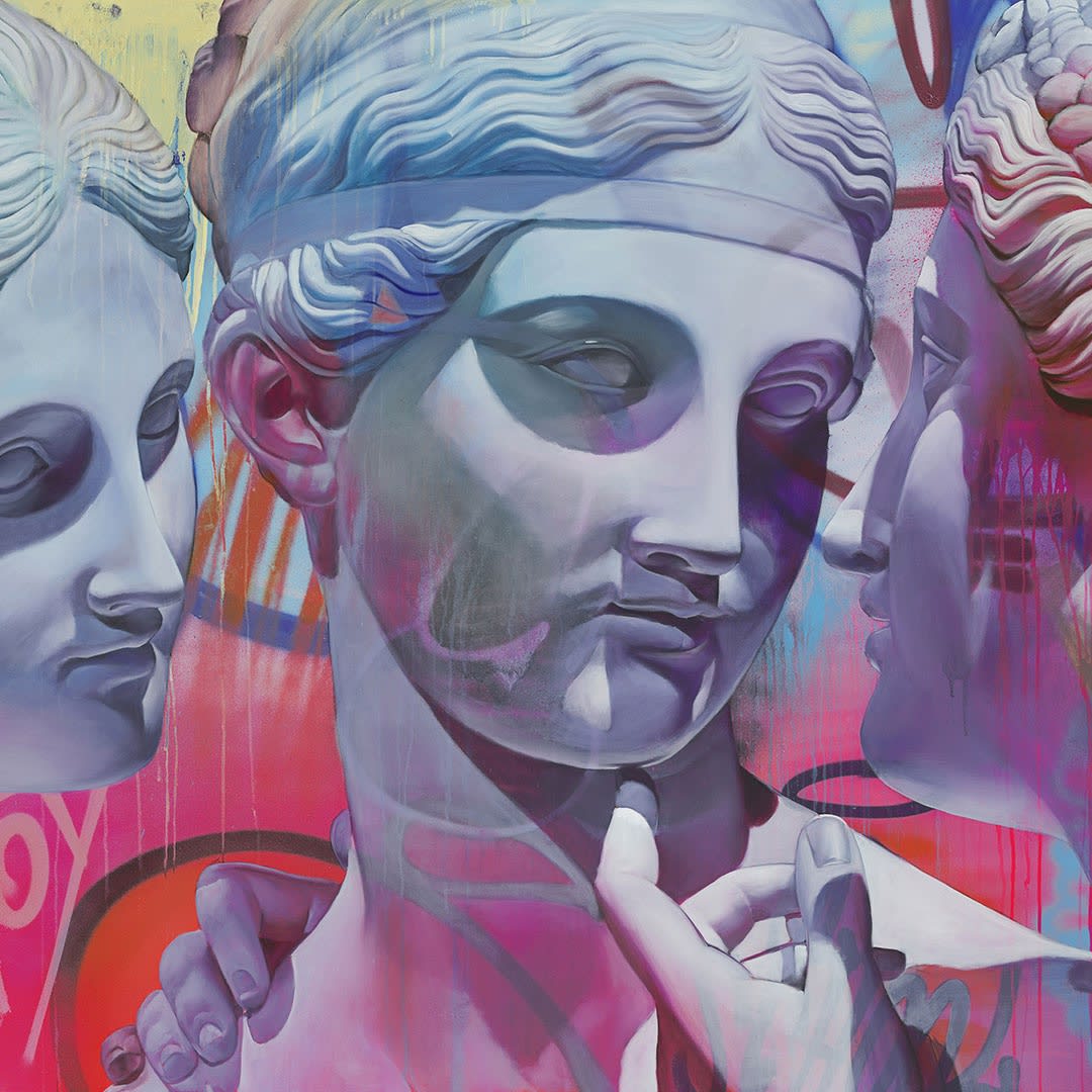 Painting by Pichiavo featuring Roman busts set against a graffiti background.