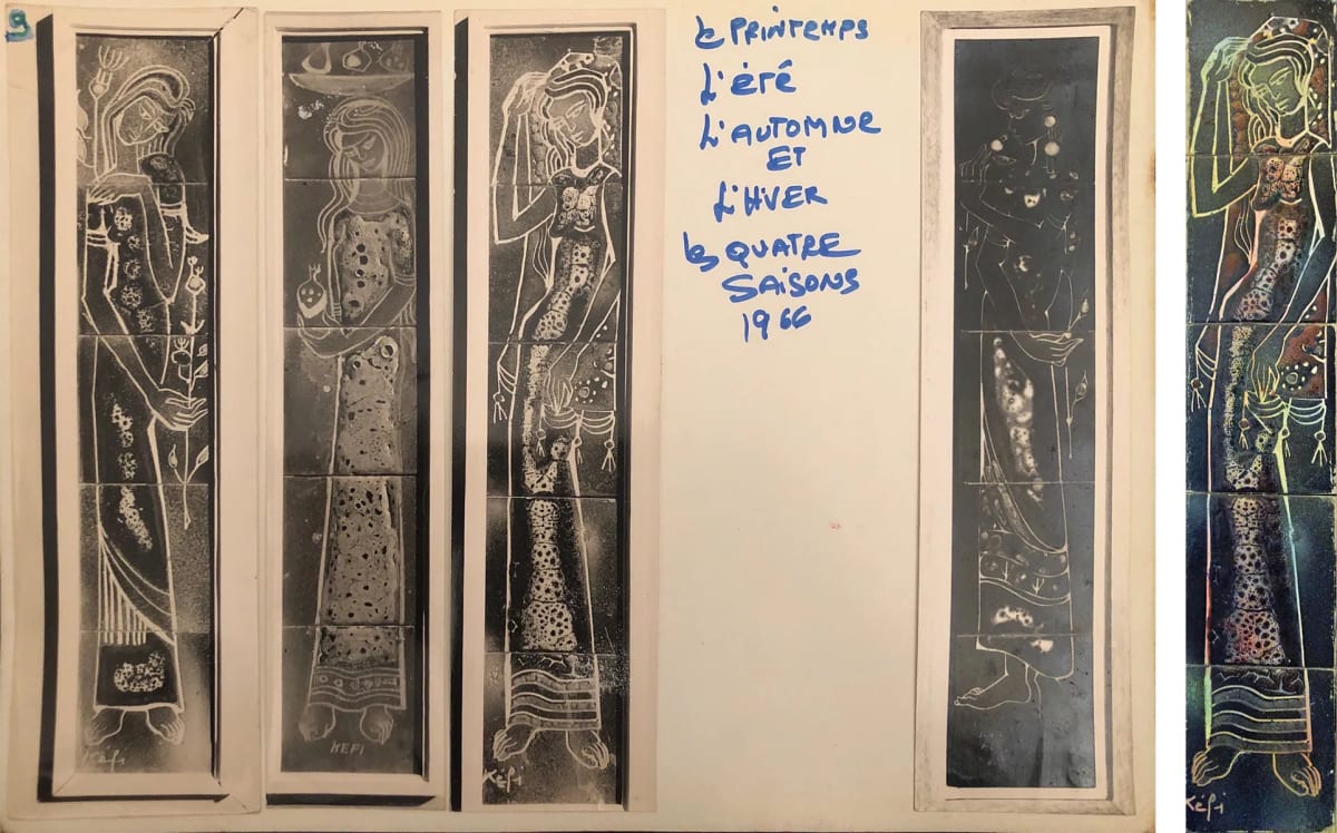 Left: Among Fela Kefi Leroux’s artworks selected to be presented during the festival, two ceramic panels, second and fourth one starting from left, from the Four Seasons series (1966) (image courtesy the artist Fela Kefi Leroux); Right: Ceramic tile panel by Fela Kefi Leroux, Autumn, from the Four Seasons series (1966) (photo by Jessica Gerschultz)
