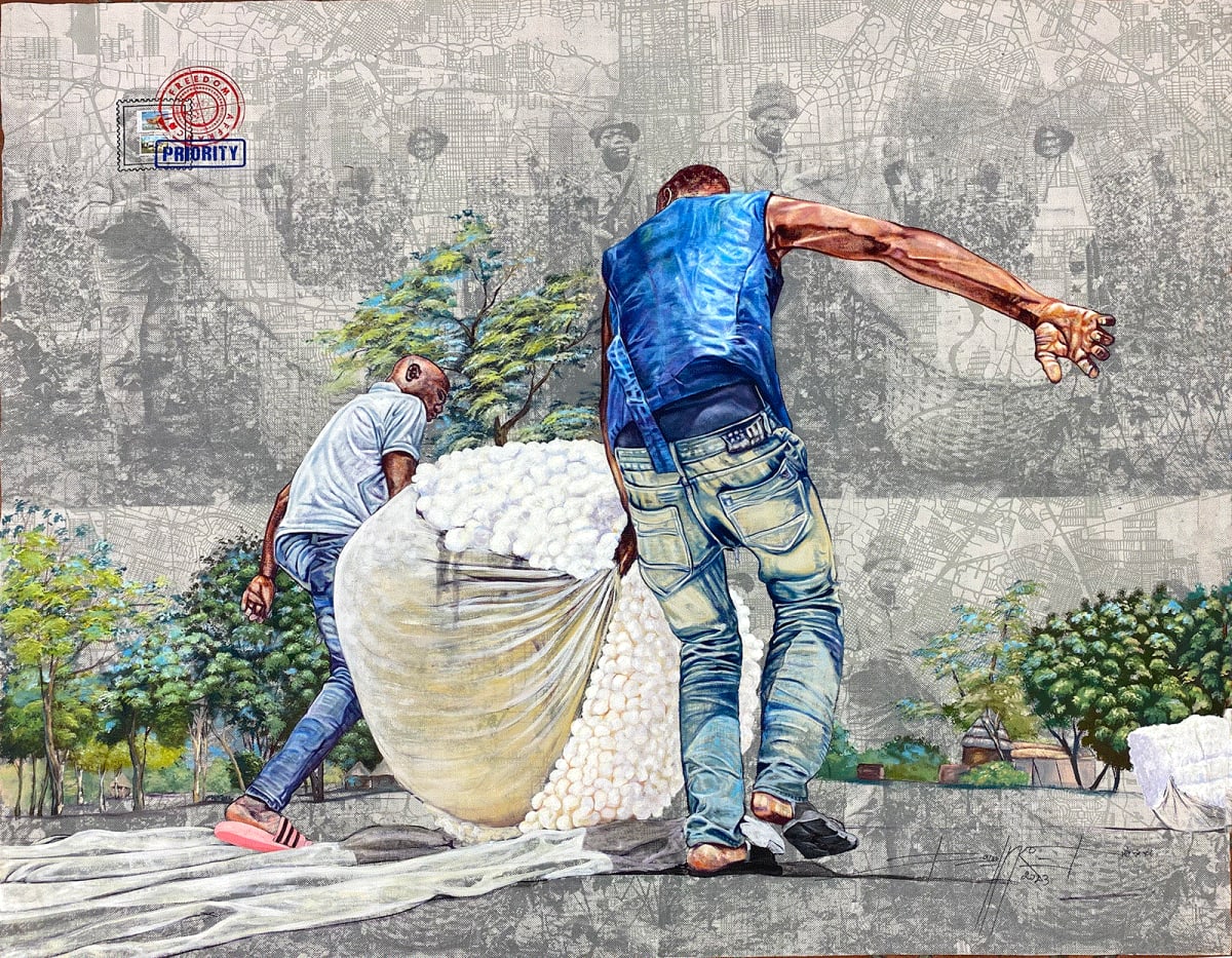 Painting by Jean David Nkot. Men carrying a bag of cotton. AFIKARIS gallery, contemporary African painting Paris