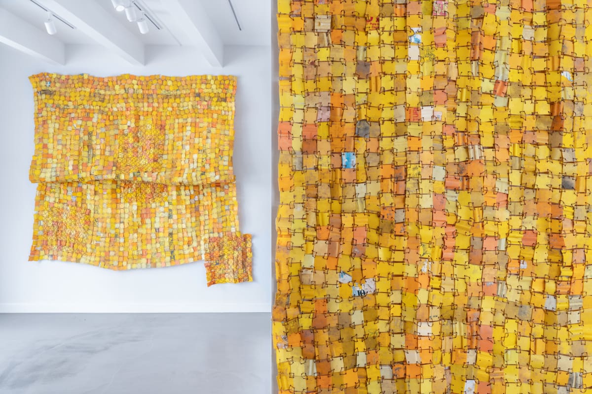 Installation shot from Ghanaian artist Serge Attukwei Clottey's solo exhibition titled Erased Past shown at Brigade Gallery in Copenhagen, Denmark