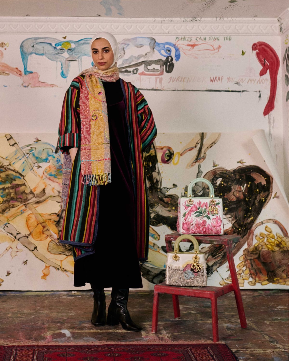 Alymamah Rashed with her reimagined Lady Dior handbag. Photography by Mateusz Stefanowski. All images courtesy of Dior.