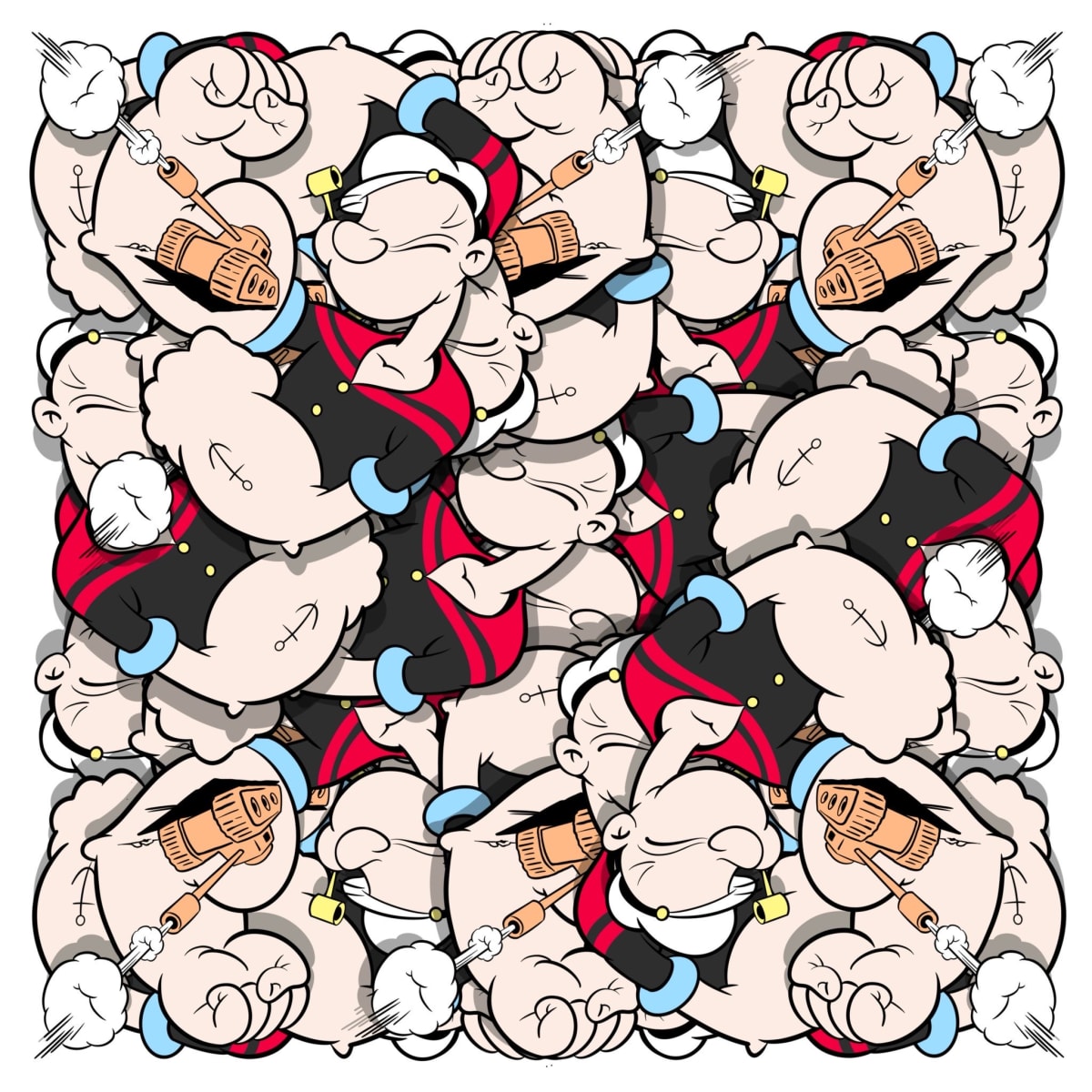 Opake reimagined cartoon character with neon overpaint and tags, street artist for sale in fine art gallery.