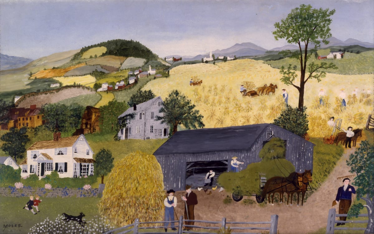 Colorful painting of people and houses among a landscape of rolling green hills. Blue, brown and white houses dot the landscape. People carrying rakes, horses and cows abound. Children scamper. A girl holds a hoop at the foreground of the painting.