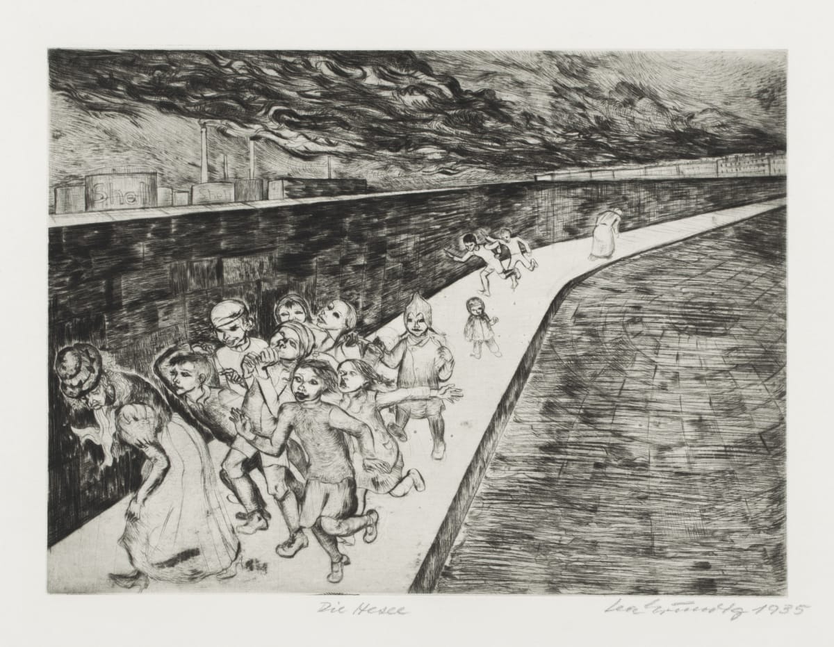 grayscale horizontal etching by Lea Grundig. The image shows a gathering of children running along a long path towards the front left corner of the picture plane.