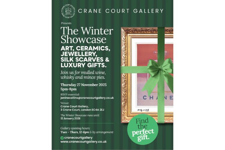 andy warhol print edition of a channel bottle wrapped in green Christmas wrapping framed in gold with The Winter Showcase at crane court gallery text