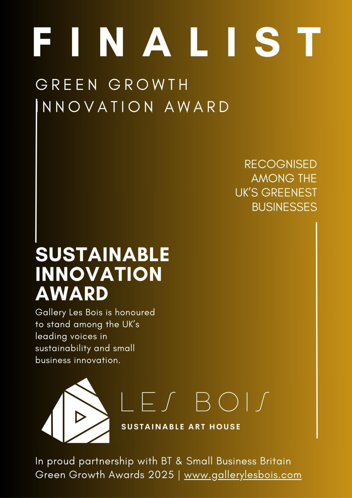 GALLERY LES BOIS NOMINATED AS FINALIST IN GREEN GROWTH AWARDS, GALLERY LES BOIS RECOGNIZED FOR THE PRESTIGIOUS GREEN GROWTH INNOVATIONS...