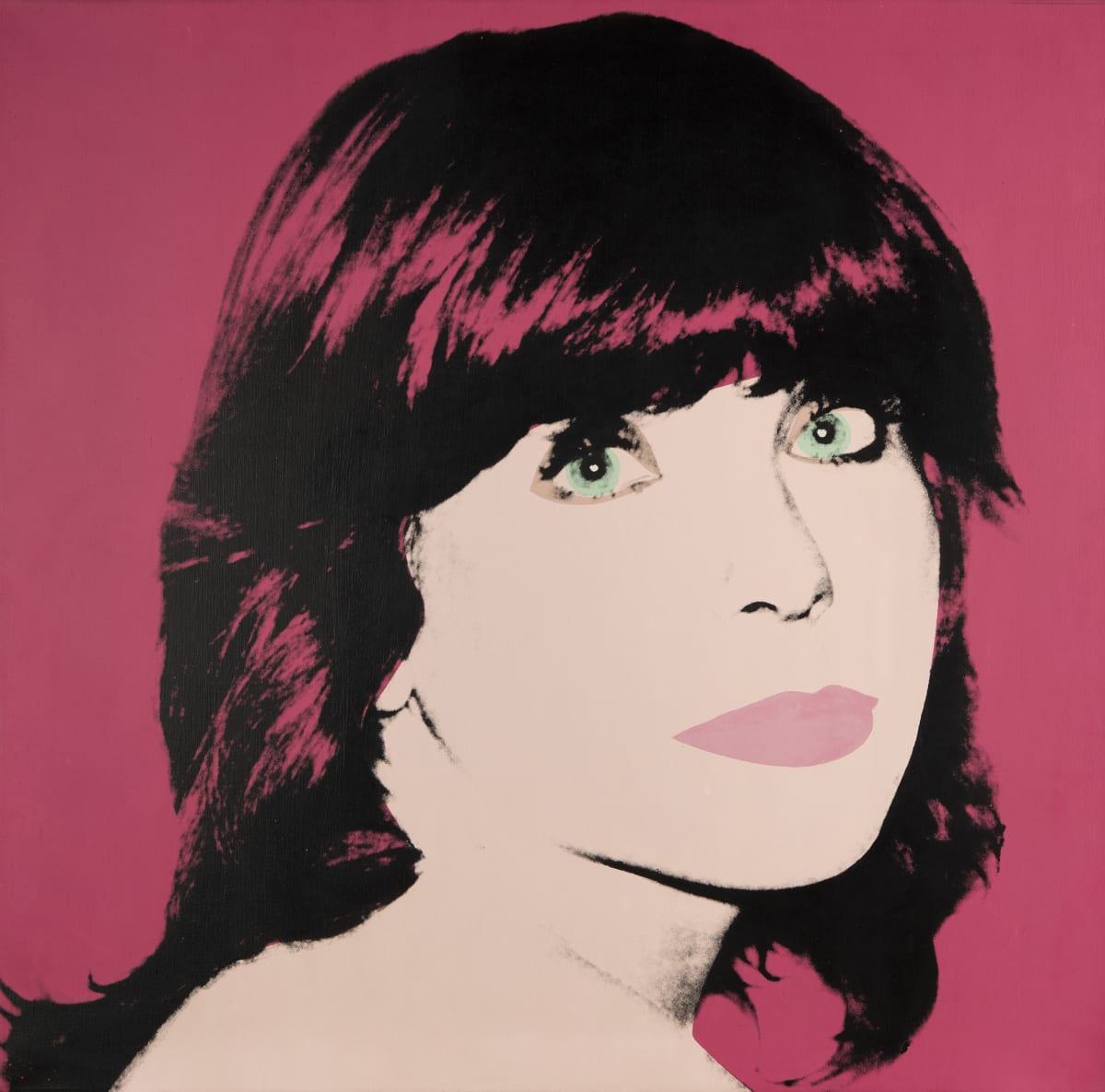 Screen print work by Andy Warhol from 1979 showing a woman's face against a pink background