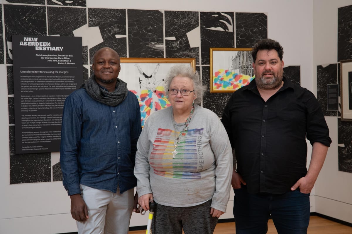 Two of the exhibiting artists, Abdulrazaq Awofeso and Sadie Main, pictured at the Art Gallery with exhibition curator Nuno Sacramento, Director of Peacock & the worm