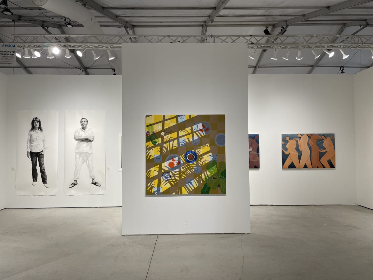 Installation image of Natalia Juncadeila's painting "La Merienda", Laura Berger's paintings "Cloud Carriers 1" and "Cloud Carriers 2" and Joel Michael Phillips "Joy" and "Quraysh" at Art Miami 2021