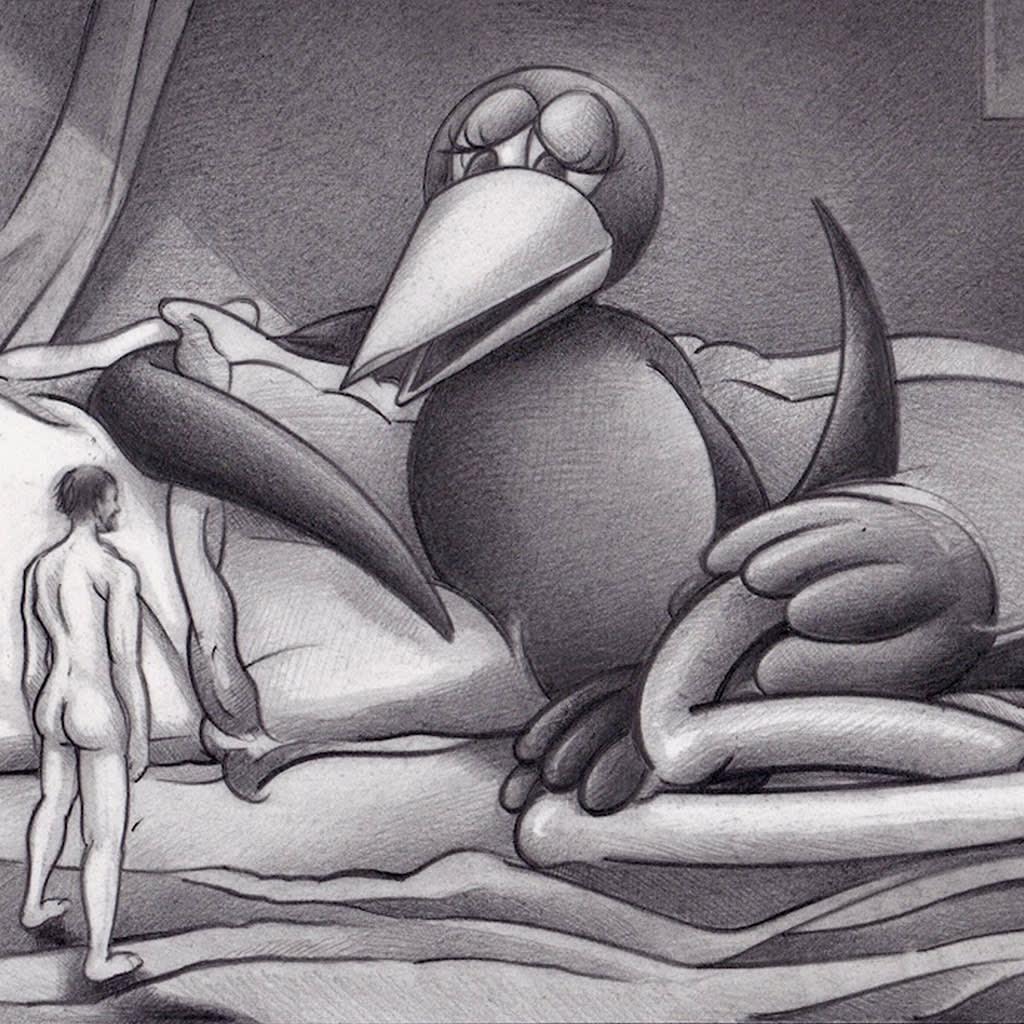 Ryan Travis Christian drawing of large black bird looking at small nude male