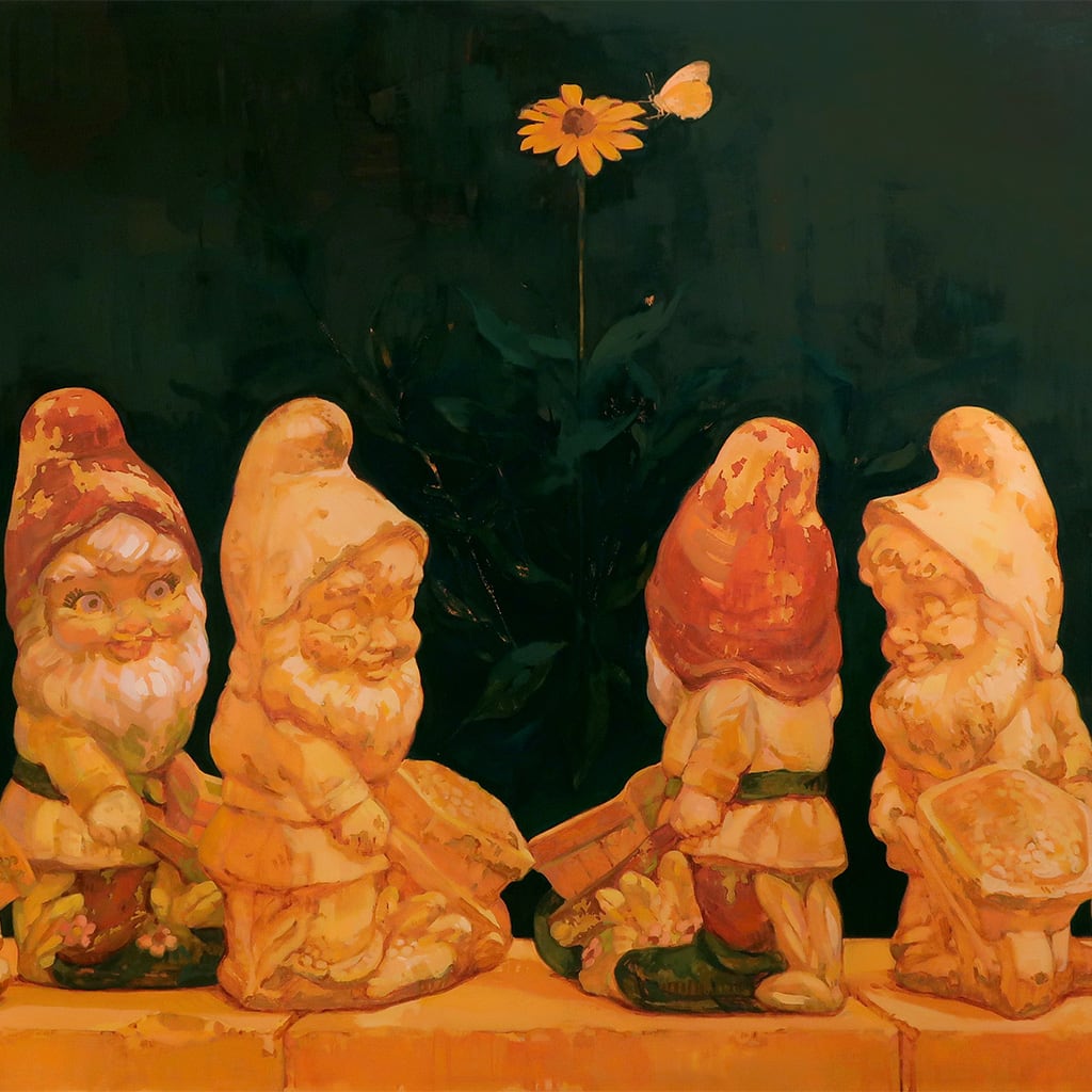 gouache painting by artist Rachel Gregor depicting six orange colored gnomes against a deep teal background