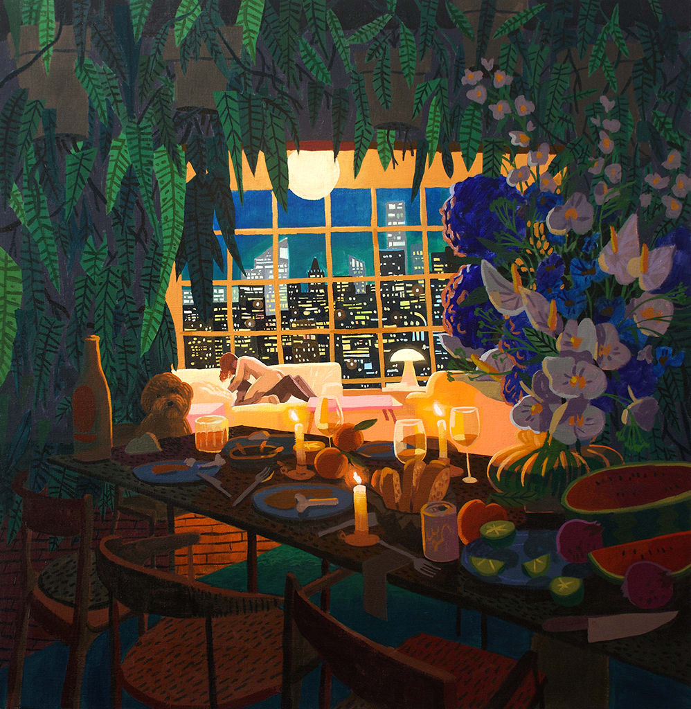 Nicholas Bono Kennedy painting of dinner party aftermath with dog sitting at table, couple having sex in background against cityscape view