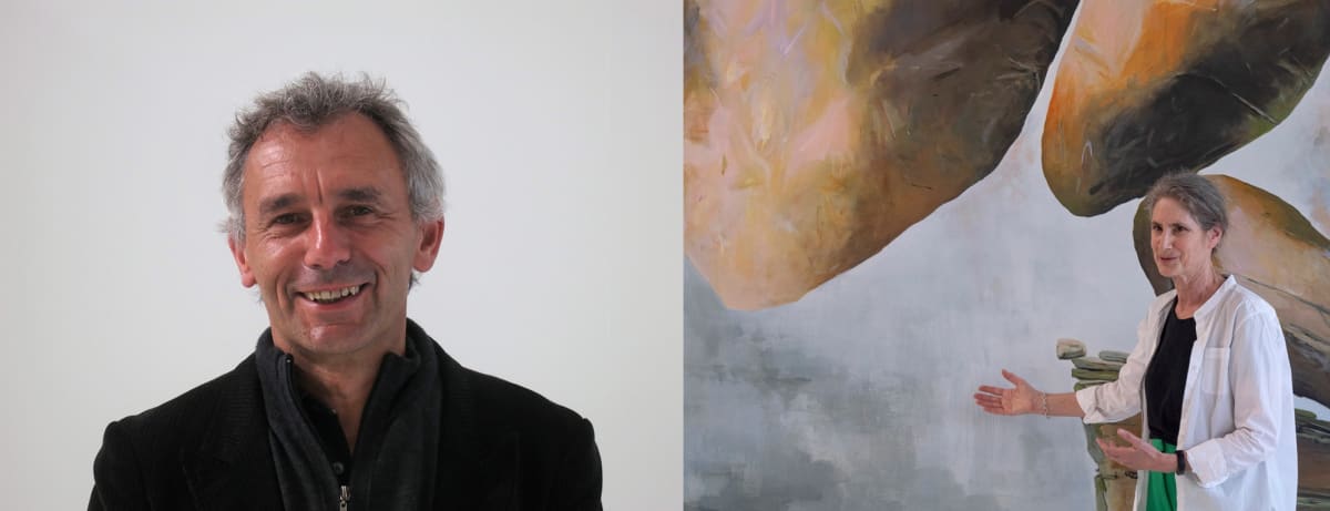 Left: Headshot of a white man with grey hair smiling at the camera. Right: Candid shot of a white woman with grey hair talking in front of a painting.
