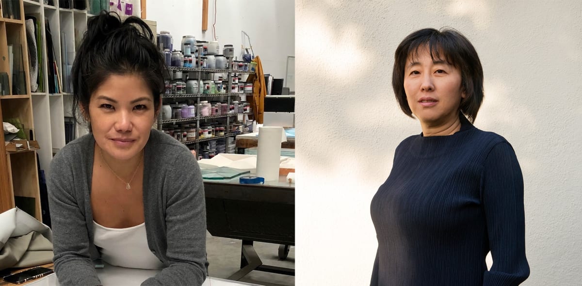 Left: An Asian-American woman leans over a work table in an art studio. Right: Headshot of an Asian-American woman looking at the camera.