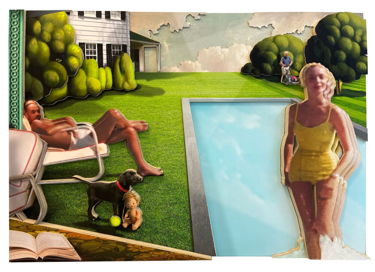 three-dimensional artwork representation of a Black man sitting in swim trunks on the left with a Black woman in the pool on the right by Ron Norsworthy