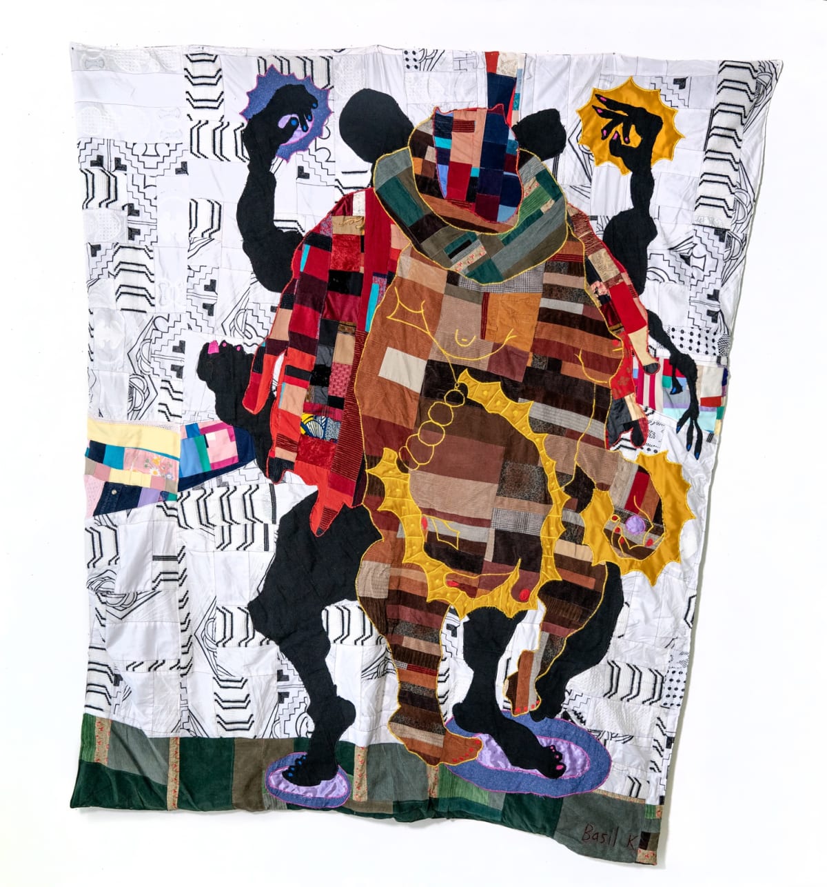 FEATURED IMAGE: BASIL KINCAID, ORDER MY STEPS, 2020, QUILT VINTAGE CORDUROY, DONATED CLOTHES, CLOTHES FROM THE ARTIST, GHANAIAN EMBROIDERED FABRICS, HAND-WOVEN GHANAIAN KENTE, WAX BLOCK PRINT COTTON FABRIC, AND WOOL, 96 X 85 X 1 IN. (IMAGE COURTESY THE ARTIST AND KAVI GUPTA.)