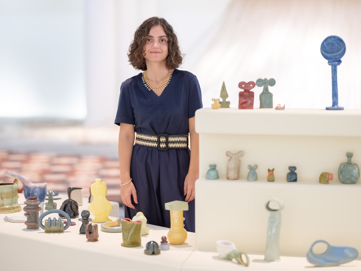Rand Abdul Jabbar with her work Earthly Wonders, Celestial Beings (2019-ongoing) at the Louvre Abu Dhabi Photo: Augustine Paredes – Seeing Things. Courtesy Department of Culture and Tourism, Abu Dhabi. Artwork © the artist