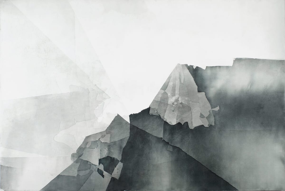 Artwork by Eric Blum using ink, silk and beeswax on panel. This artwork resembles mountains from a point of view creating linear perspective. There are other layers that are placed in front of the darker mountains making it more visible.