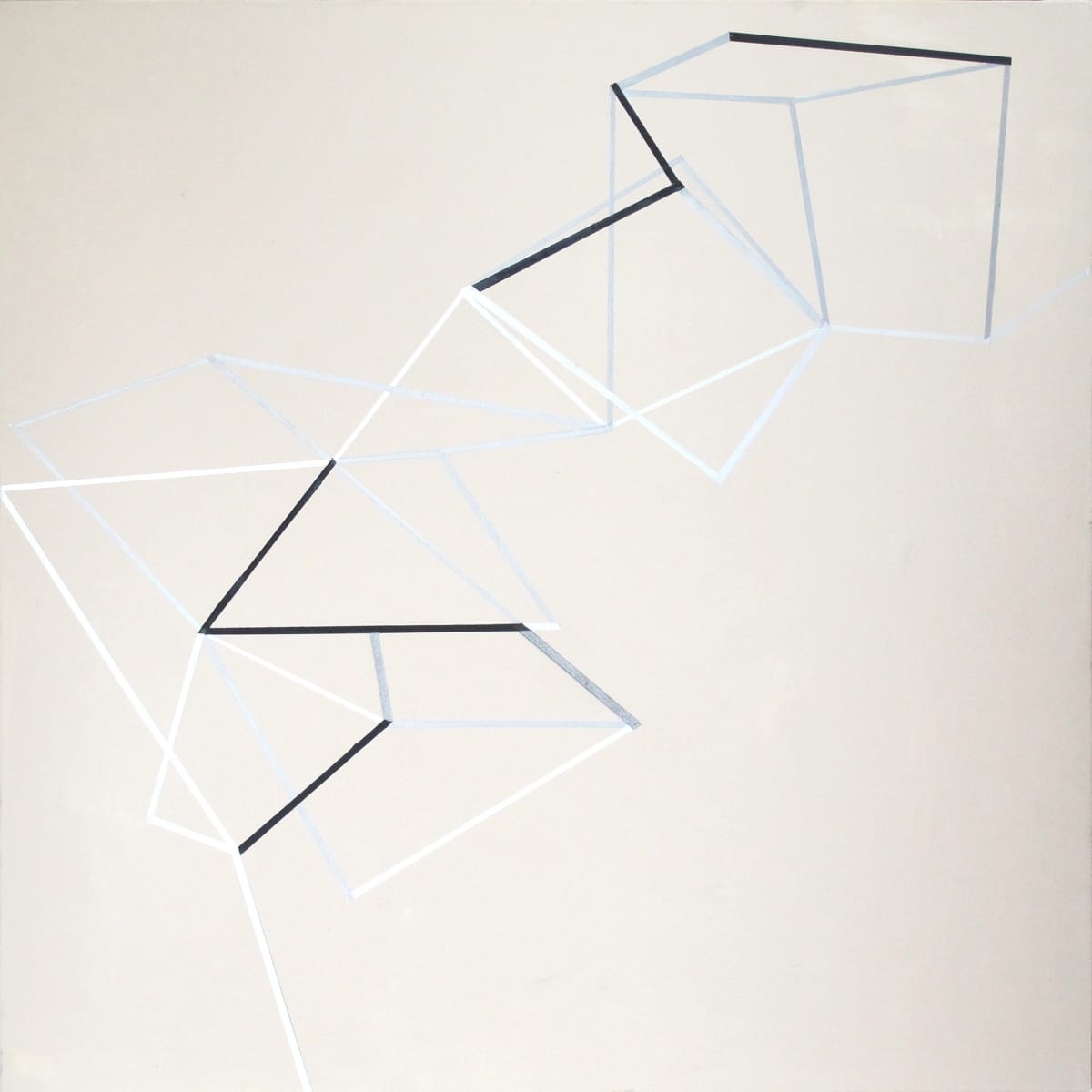 Gudrun Mertes-Frady's "Constellation" made with oil and metallic pigments on linen in shades of gray, white and blue. The work as the title suggests as a constellation but with cubical effects, makes it resemble a geometry problem.