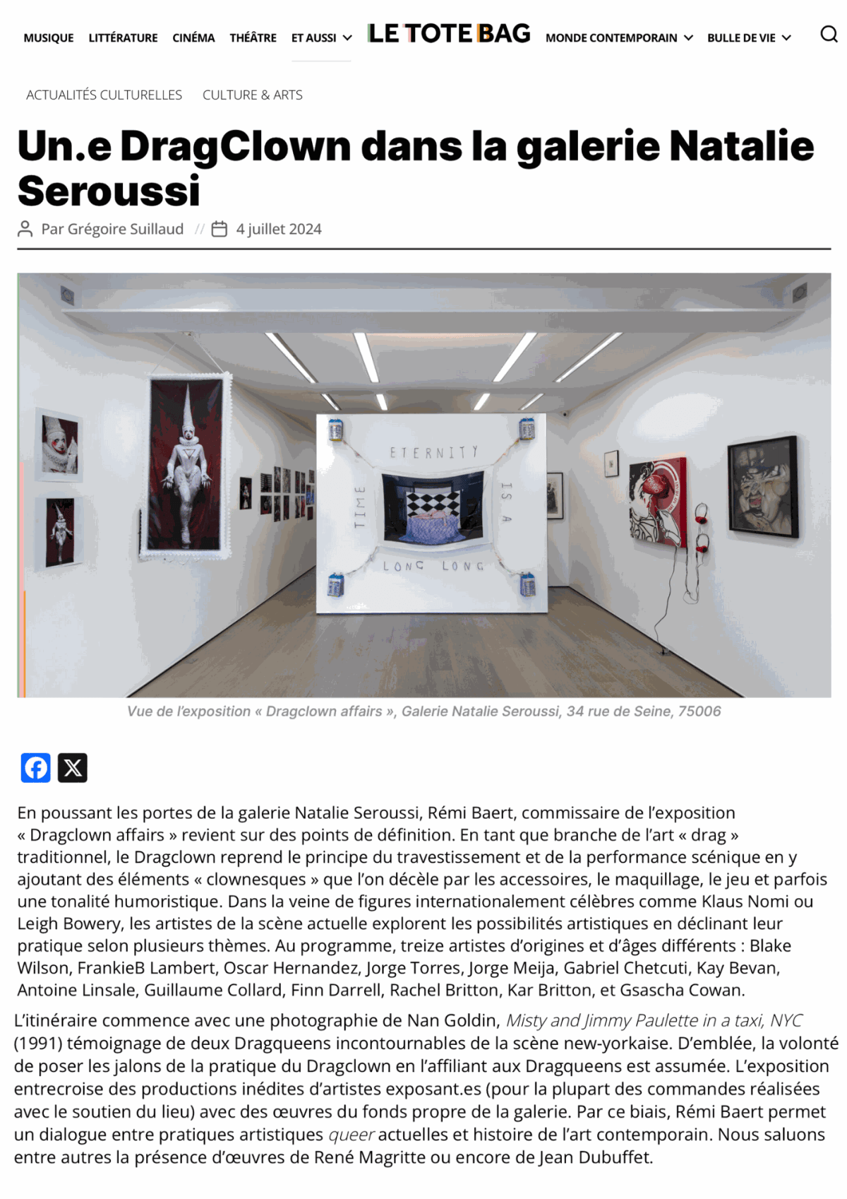 Un.e DragClown dans la galerie Natalie Seroussi, Le Tote Bag - Grégoire Suillaud