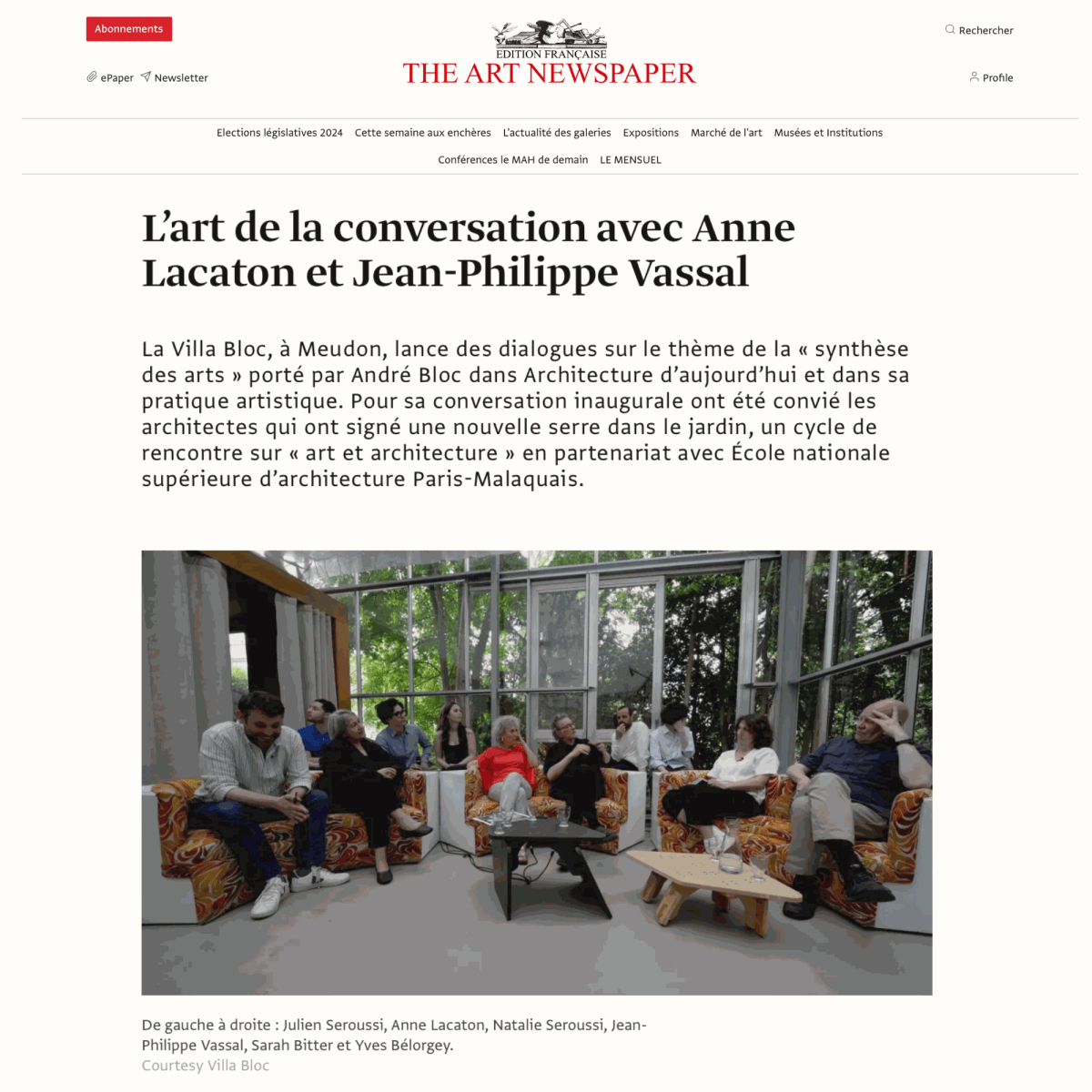 L'art de la conversation avec Anne Lacaton et Jean-Philippe Vassal , The Artnewspaper - Christian Simenc