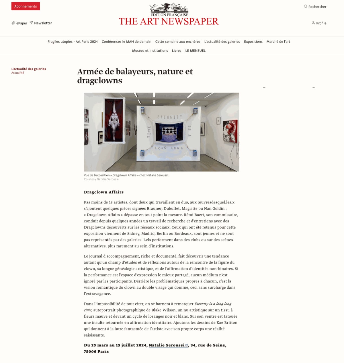 Armée de balayeurs, nature et dragclowns, The Artnwspaper - Patrick Javault