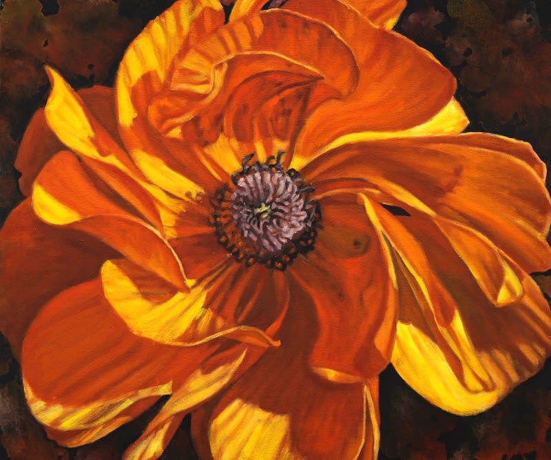 From the Color Field art installation, a painting by Gail Roberts depicts a coreopsis flower outside her studio.