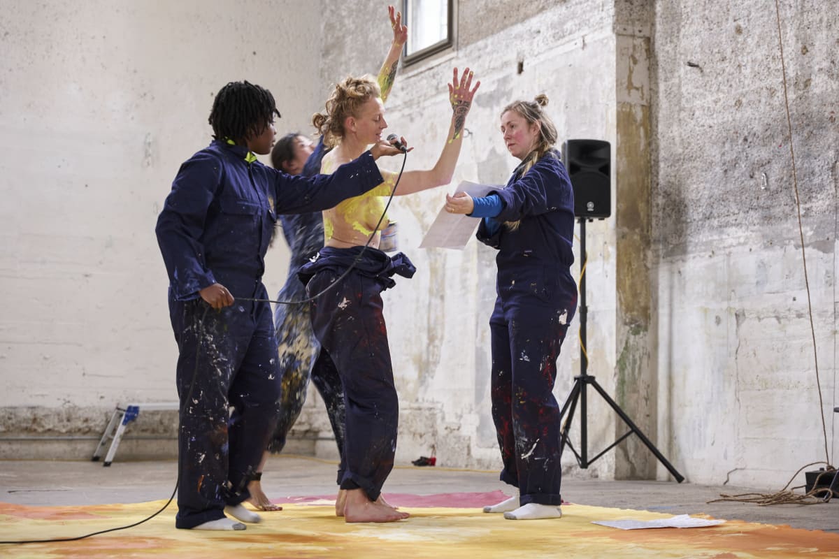 Florence Peake, FACTUAL ACTUAL: Ensemble, installation view at Southwark Park Galleries, London (2023) © the artist. Performer/s: [Temitope Ajose; Iris Yi Po Chan; Katye Coe; Eve Stainton; Rosalie Wahlfrid; Natifah White.]. Photo © Misha Haller