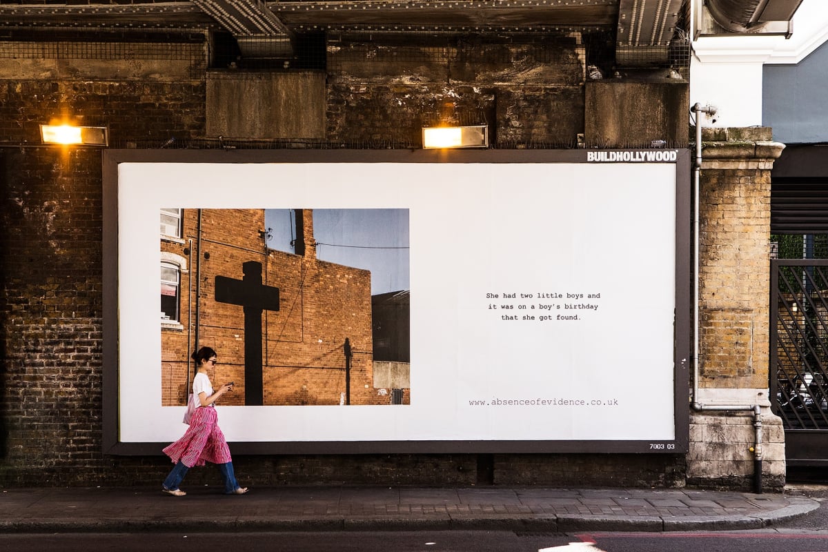 Henry/Bragg, Installation shot of 'Two Little Boys' in Shoreditch, London July 2020. From Absence of Evidence, a collaborative project between artists Henry/Bragg and An Untold Story - Voices. Copyright The Artists.