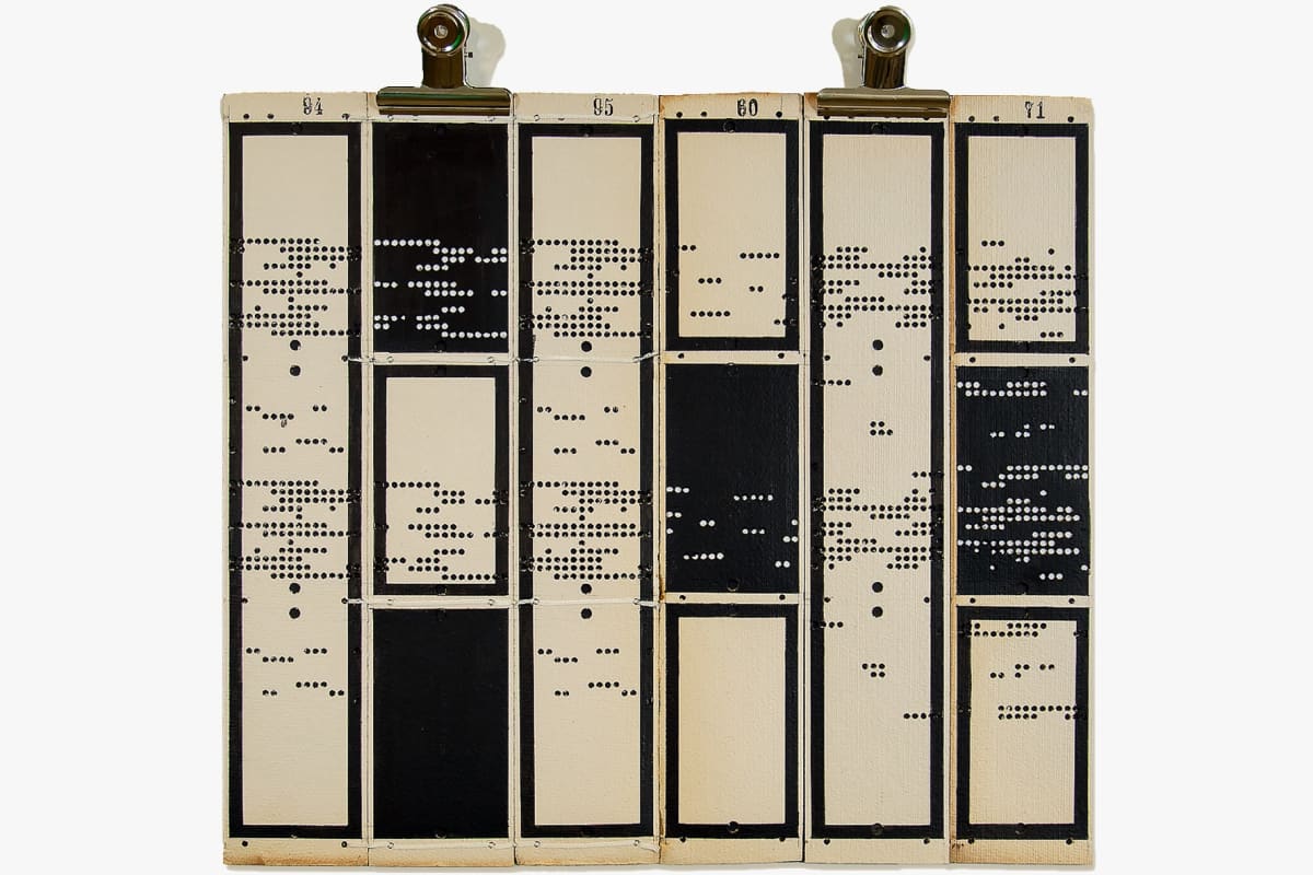 Marinda Vandenheede, Oxygen, Reclaimed Pattern 1, 2022, Ink, thread on reclaimed cardboard punch cards with bulldog clips, 37 x 42 cm, 14 5/8 x 16 1/2 in (Unframed).