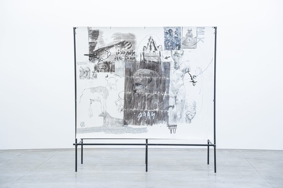 Nidhal Chamekh, Et si Carthage ? #2, 2023, ink, graphite and transfer on paper, scaffolding, 200 × 250 cm. Courtesy the artist and Selma Feriani, Tunis