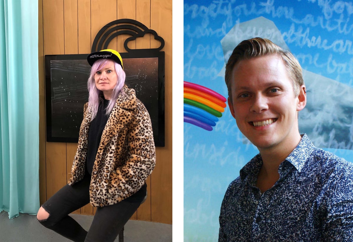 Two images side-by-side: portrait of artist Wendy White and Portrait of curator Ben Tollefson
